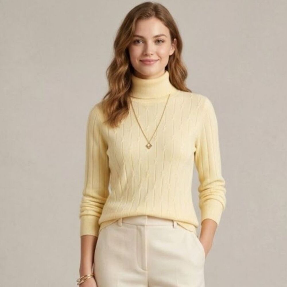 Karen Scott Pastel Butter Yellow Ribbed Cable Knit Cowl Sweater SZ L Soft Girl